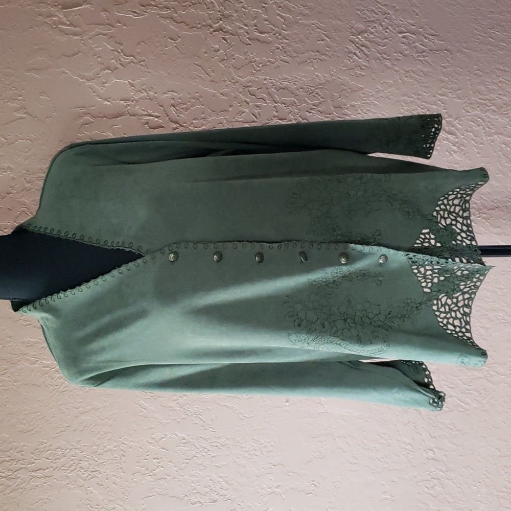 Susan Graver Style Long Sleeve Button Down V-neck Blouse Green 1X